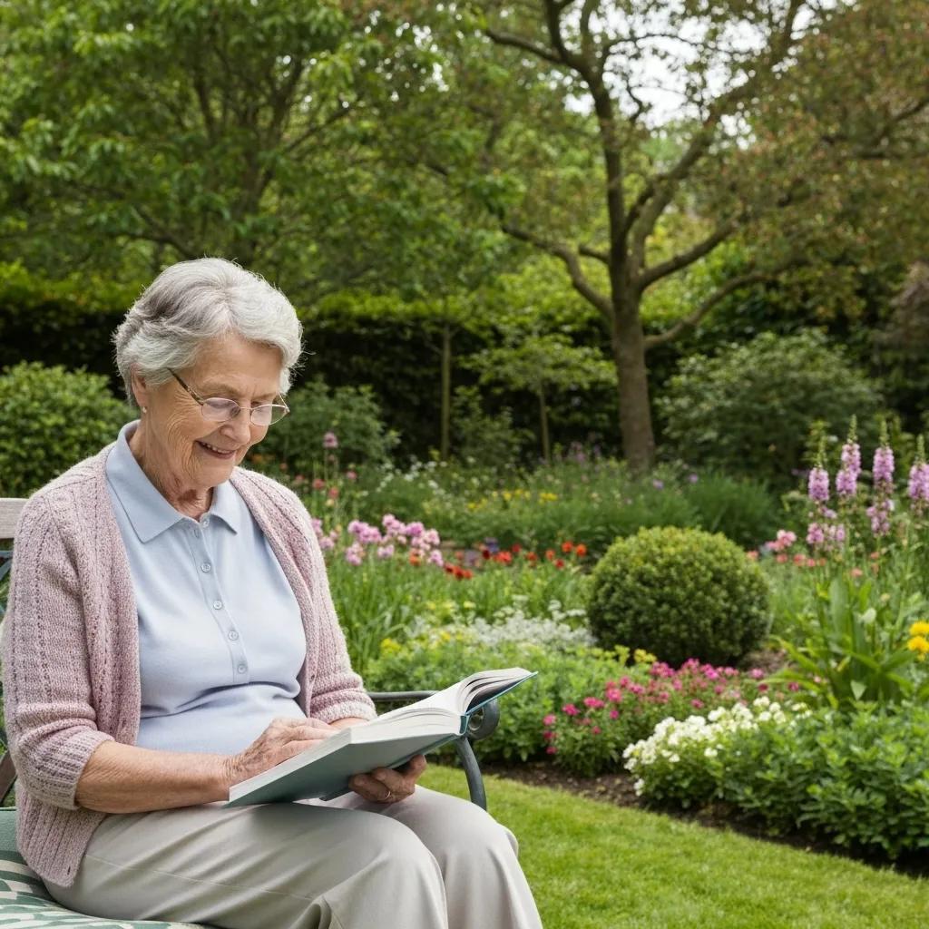 Persona mayor leyendo un libro en un jard&iacute;n frondoso, representando la exploraci&oacute;n de alternativas financieras