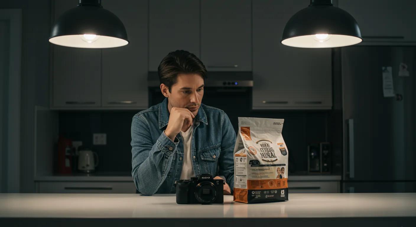 a concerned pet owner sits at a sleek kitchen counter, thoughtfully examining a dog food bag under the bright, focused light of modern pendant lamps, illustrating the importance of scrutinizing canine nutrition for health issues. a concerned pet owner sits at a sleek kitchen counter, thoughtfully examining a dog food bag under the bright, focused light of modern pendant lamps, illustrating the importance of scrutinizing canine nutrition for health issues.