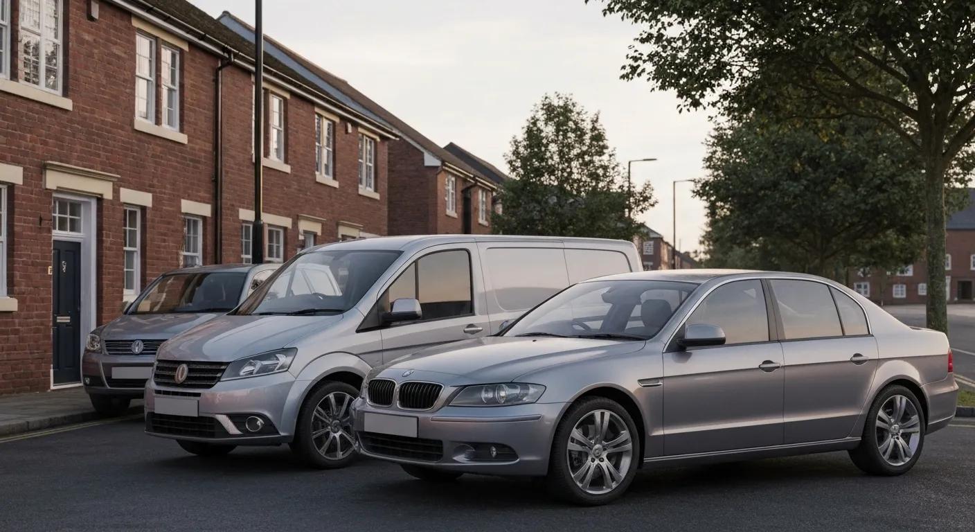 A realistic, high-quality image of several vehicles — including a car, van, and small truck — parked along a quiet suburban Birmingham street lined with brick buildings and trees.