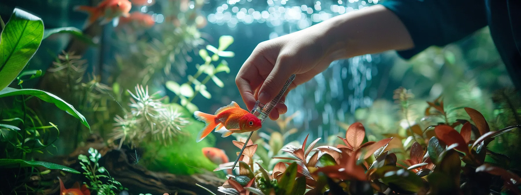 a person carefully measuring and preparing a variety of food for a long red strand goldfish in a fish tank.