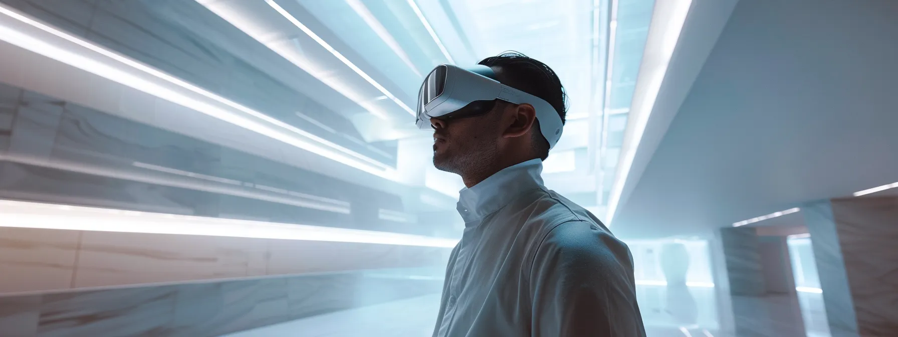 a designer wearing virtual reality glasses, immersed in a futuristic, ai-generated architectural simulation.