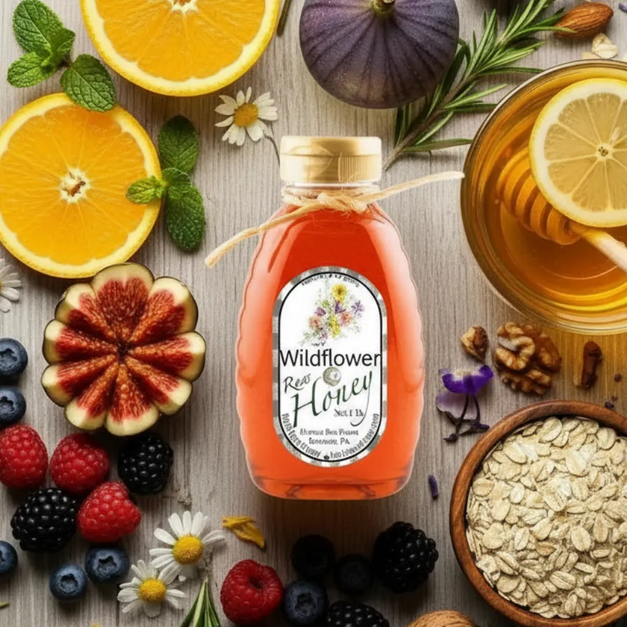 Flat lay of Huckle Bee Farms raw wildflower honey with fresh fruit and herbs showing everyday uses and wholesome benefits