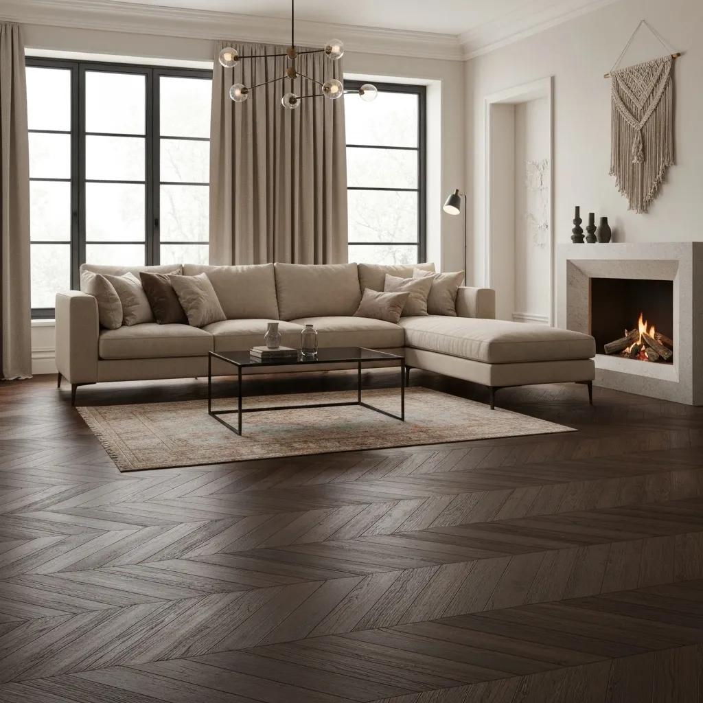 A sophisticated living room showcasing the elegance of herringbone flooring, embodying modern design and luxury.
