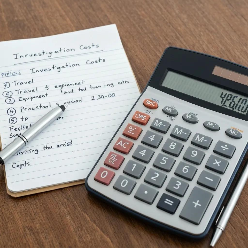 Calculator and notepad detailing private investigator costs