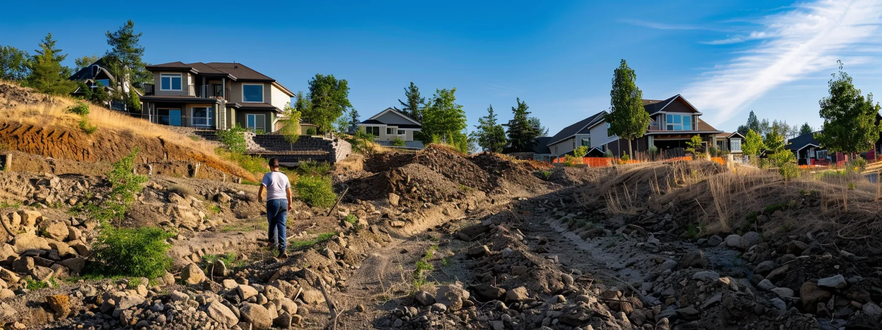 a homeowner inspecting the slope of the landscape surrounding their house in an ae flood zone.