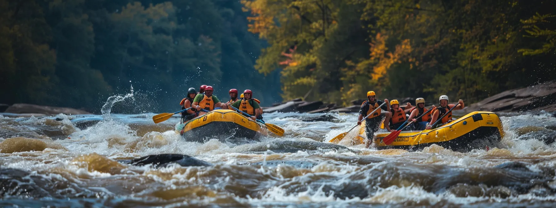 a group of rafters following their experienced guide through challenging ocoee river rapids.