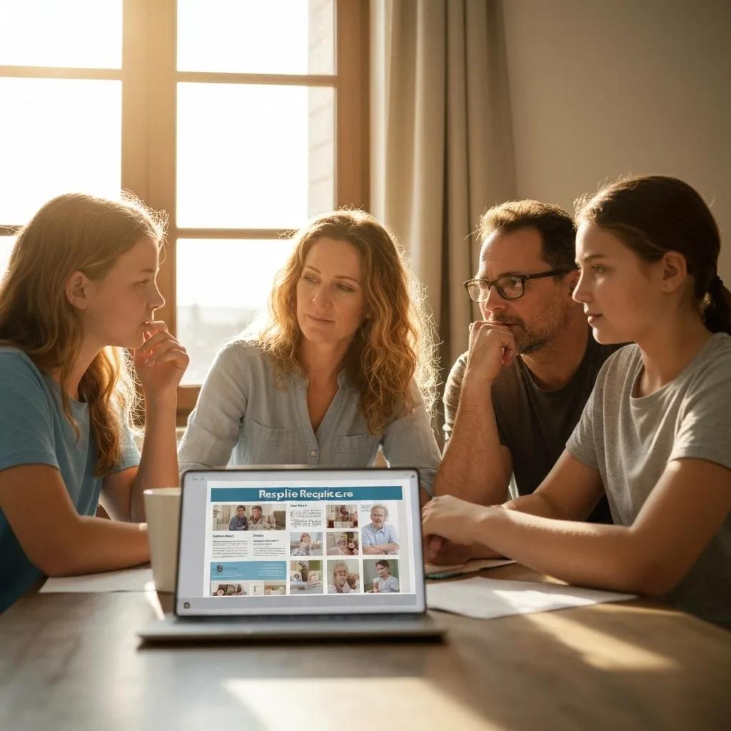 A family thoughtfully discussing respite care options around a table with a laptop, emphasising a collaborative approach to assessing care needs