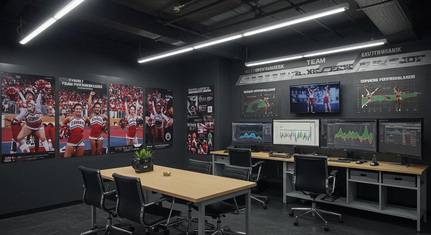 a dynamic cheerleading facility showcases a modern, well-organized workspace with vibrant team posters, digital performance dashboards, and strategic planning boards, all emphasizing operational efficiency and high performance.