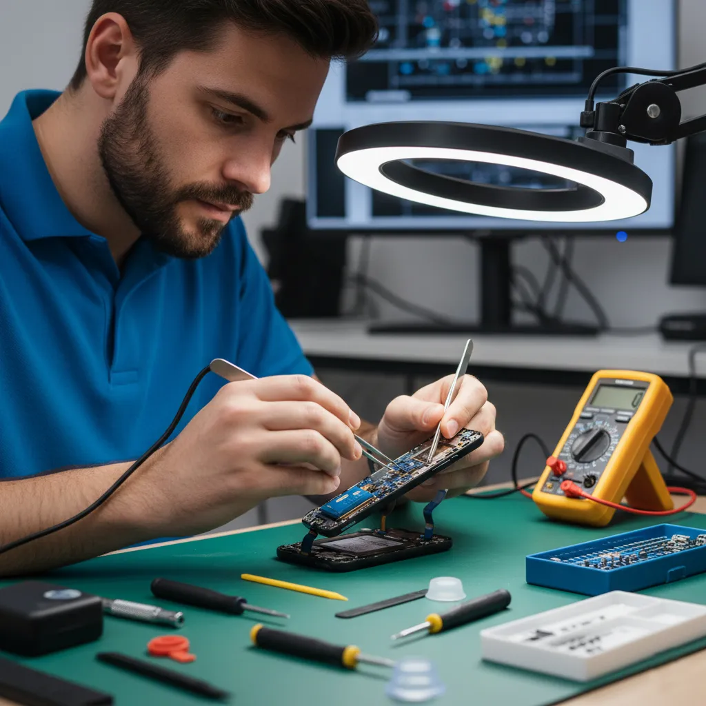 Technician repairing smartphone circuit board with tools and multimeter in phone repair shop.