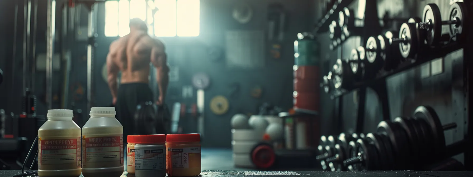 a muscular person lifting weights in a gym with containers of whey protein, creatine, and bcaas nearby.