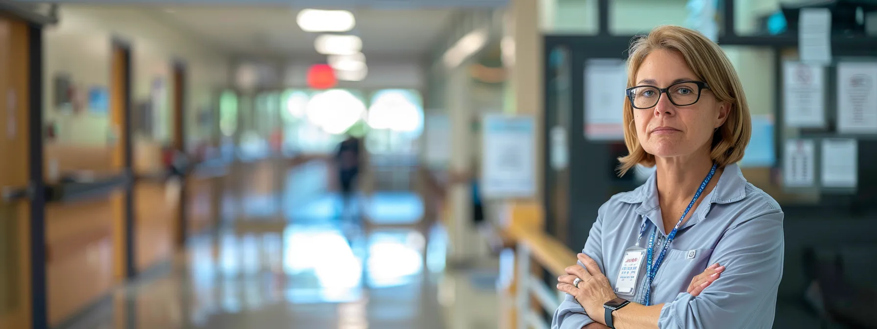 A school administrator confidently uses a new paging system to communicate during a lockdown drill.