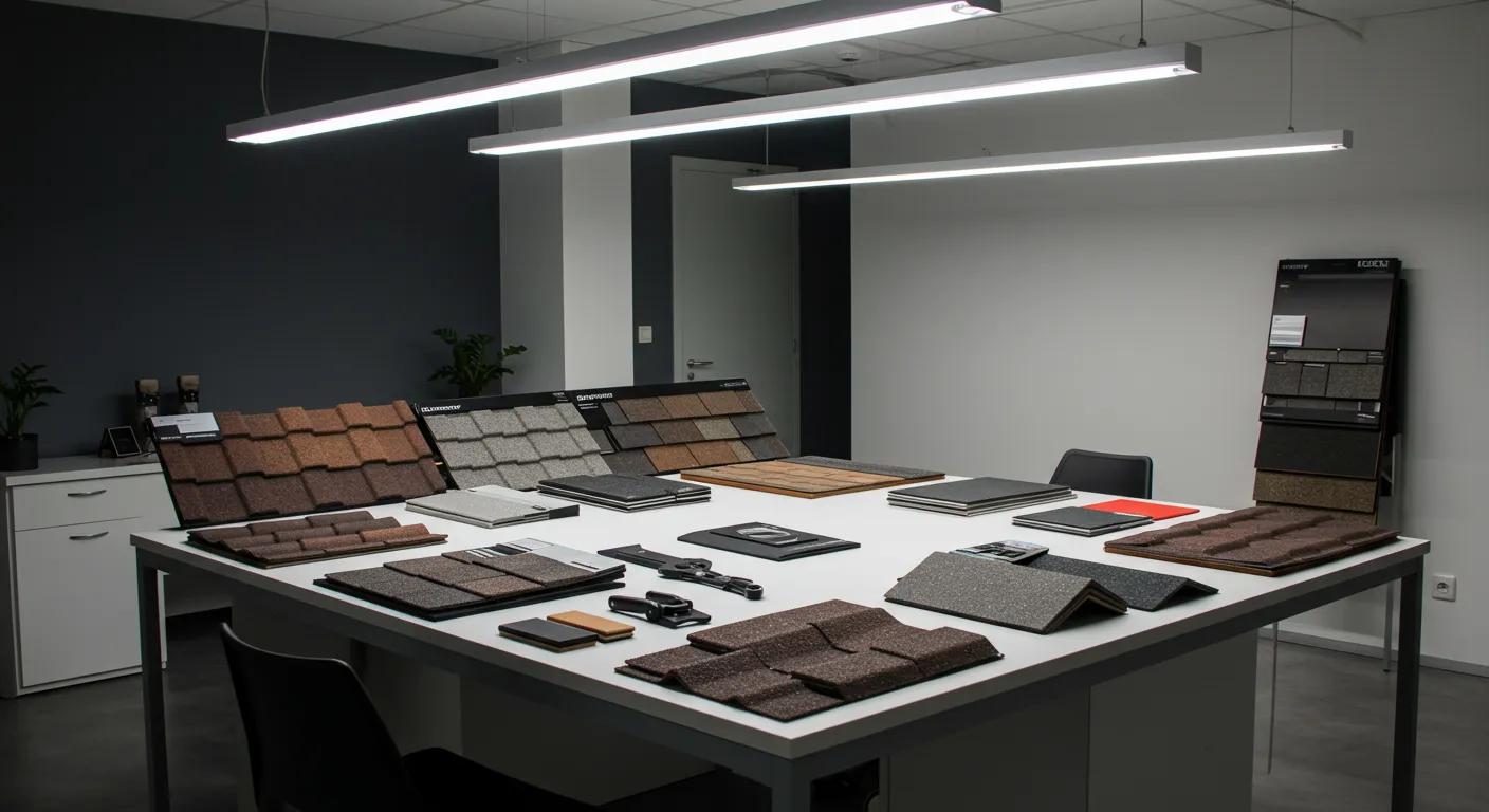 a modern office space features a sleek table loaded with various roofing material samples and repair tools, illuminated by bright, focused lighting that highlights the quality and durability of each option, conveying the essence of making informed choices in roofing. a modern office space features a sleek table loaded with various roofing material samples and repair tools, illuminated by bright, focused lighting that highlights the quality and durability of each option, conveying the essence of making informed choices in roofing.