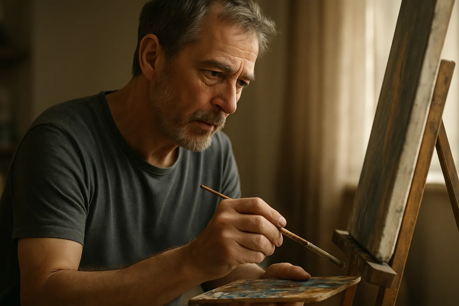 A person focused on a creative activity, painting on a canvas, with soft, artistic lighting, symbolizing the rediscovery of purpose and healthy coping mechanisms through occupational therapy. This image represents creative expression and personal growth in recovery. A person focused on a creative activity, painting on a canvas, with soft, artistic lighting, symbolizing the rediscovery of purpose and healthy coping mechanisms through occupational therapy. This image represents creative expression and personal growth in recovery.