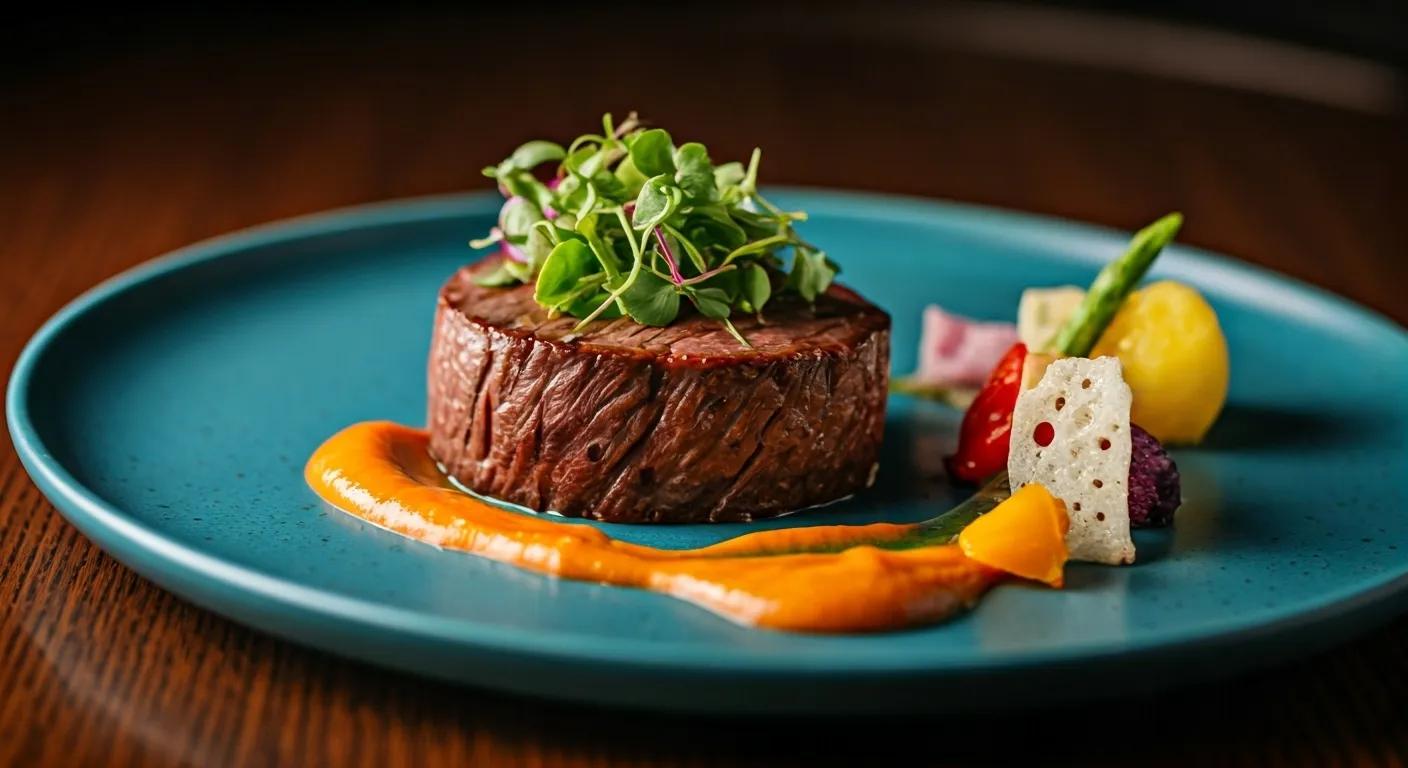 a close-up shot of a beautifully plated gourmet dish featuring grass-fed beef, artfully arranged with vibrant, colorful vegetables and garnishes in a modern, upscale restaurant setting, highlighting the rich textures and flavors that emphasize its nutritional benefits. a close-up shot of a beautifully plated gourmet dish featuring grass-fed beef, artfully arranged with vibrant, colorful vegetables and garnishes in a modern, upscale restaurant setting, highlighting the rich textures and flavors that emphasize its nutritional benefits.