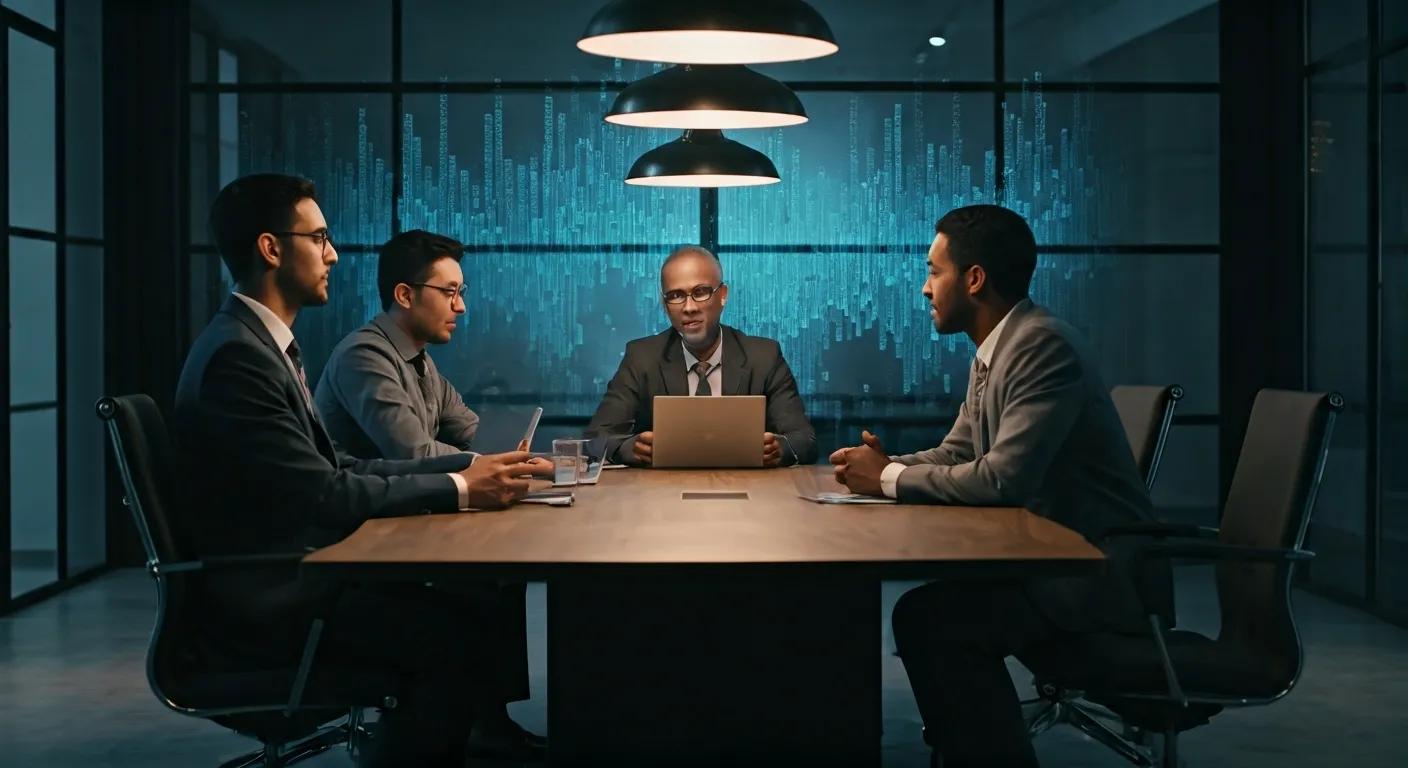 a sleek, modern office space with a focus on a polished conference table surrounded by diverse professionals engaged in a dynamic discussion, emphasizing effective investment strategies for chit funds.