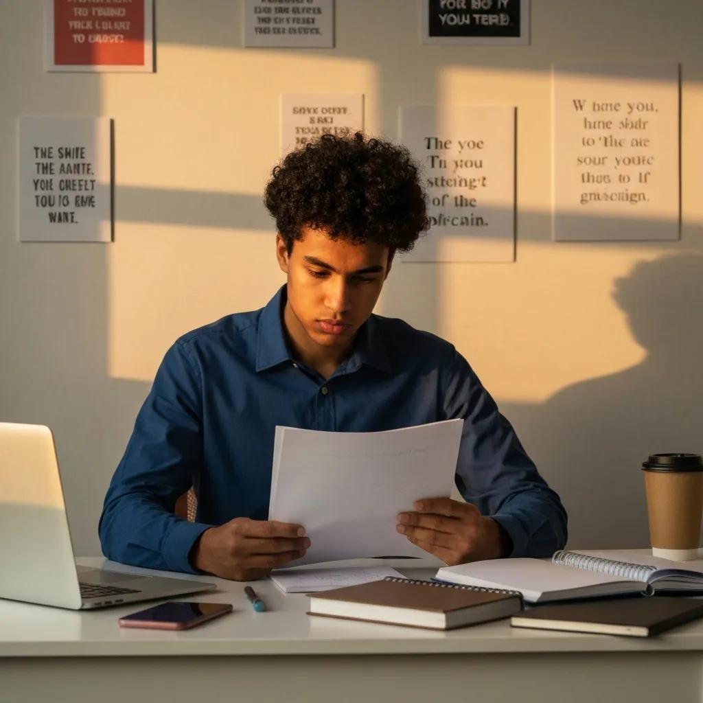 A student diligently working on a scholarship application at a desk, showcasing focus and organization