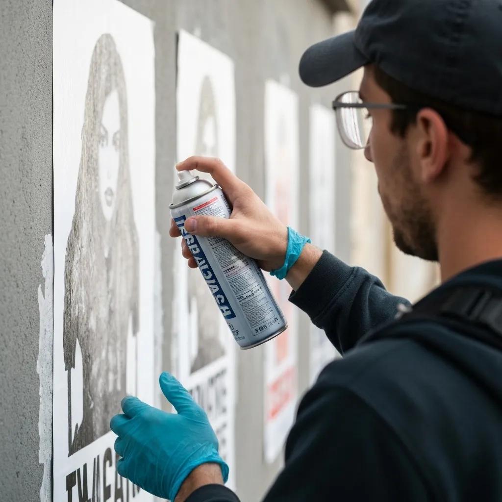 Person applying spray adhesive to wheatpaste poster on a wall, showcasing guerrilla marketing techniques for outdoor advertising.