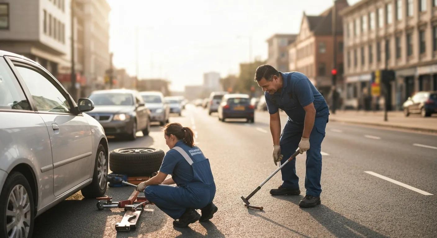 Mobile mechanic team assisting a driver during a roadside emergency in Birmingham