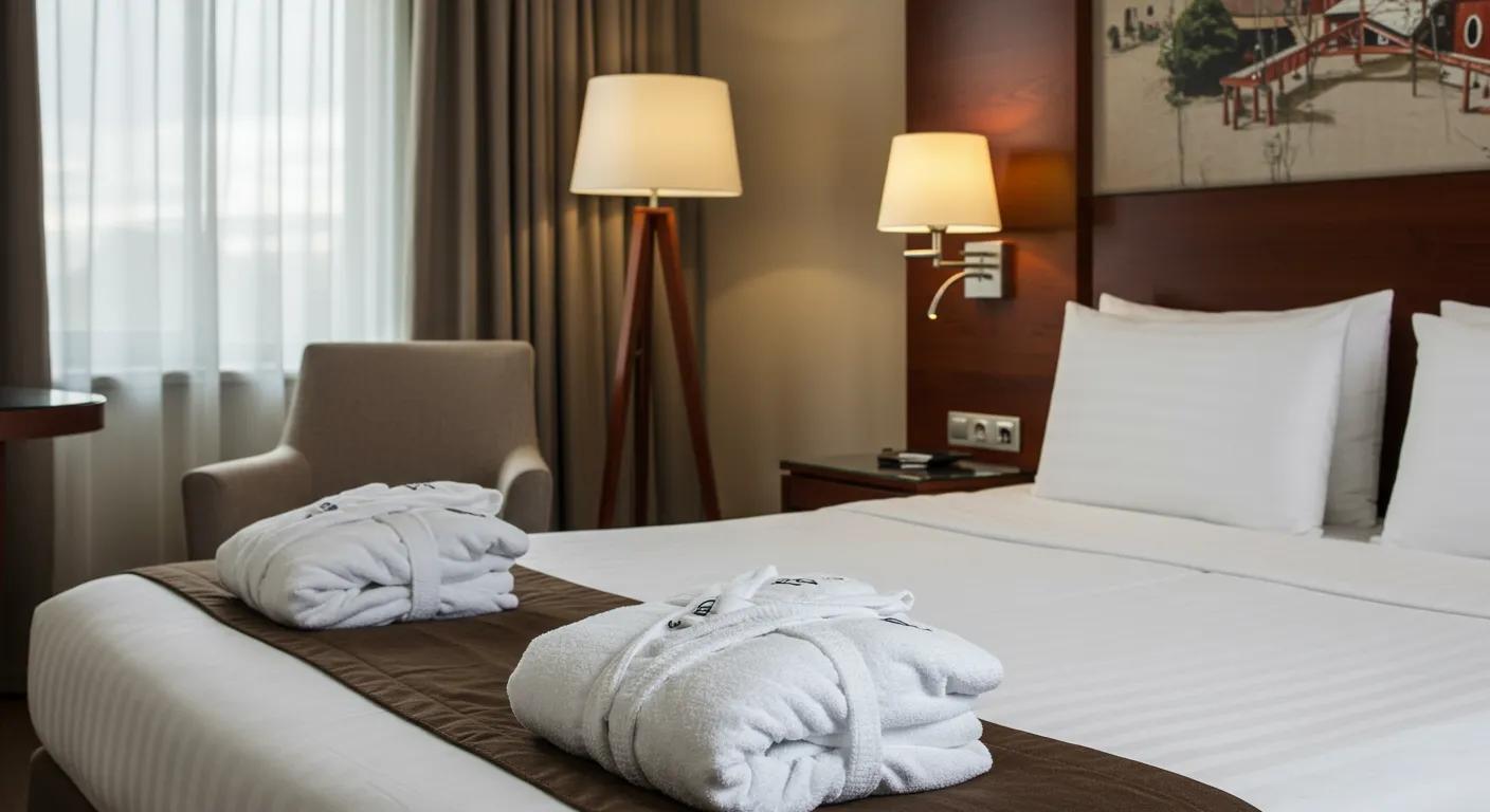 a luxurious hotel room showcases pristine white bath towels and plush bathrobes elegantly arranged on a neatly made bed, reflecting a commitment to guest satisfaction and quality in hotel supplies. a luxurious hotel room showcases pristine white bath towels and plush bathrobes elegantly arranged on a neatly made bed, reflecting a commitment to guest satisfaction and quality in hotel supplies.