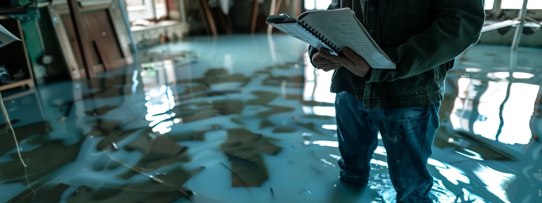 a person standing in a flooded room in savannah, with a notebook in hand taking detailed notes of the damages.