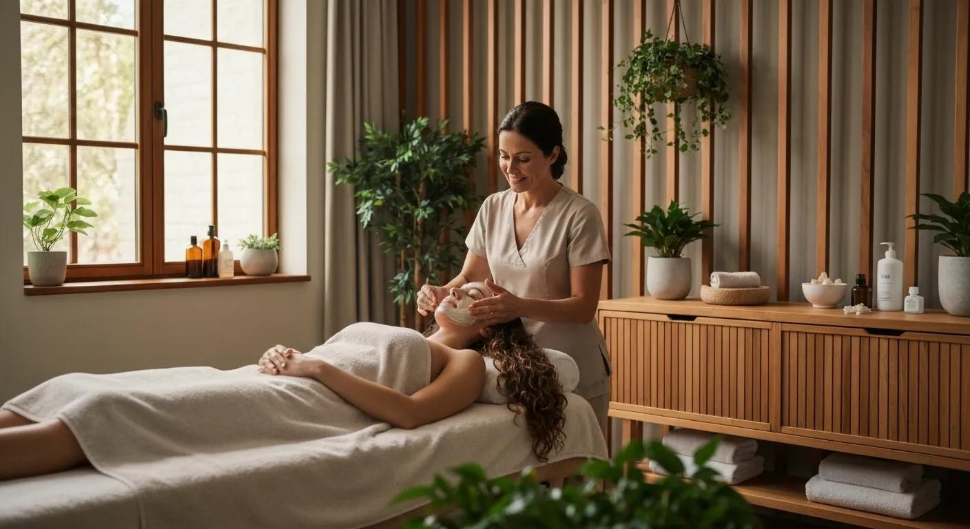 Client receiving an organic facial in a serene spa setting, showcasing natural elements and a calming atmosphere