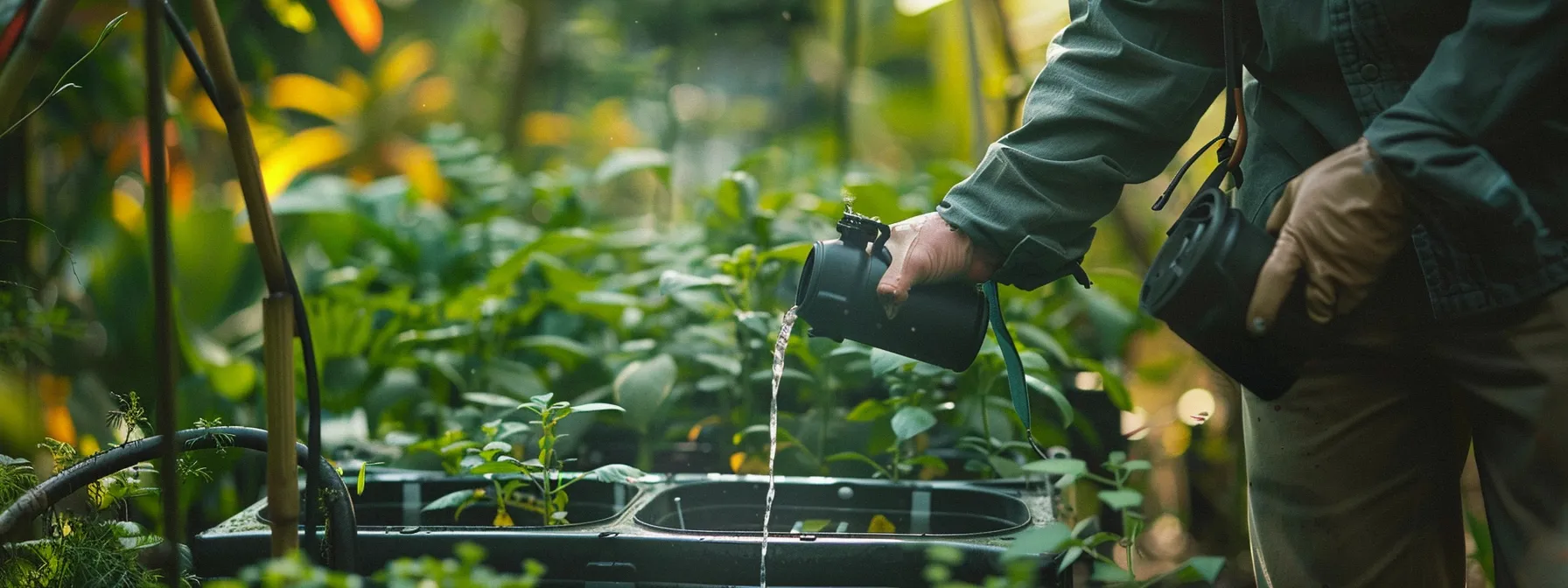 a person adjusting a filtration system for the garden's irrigation system.