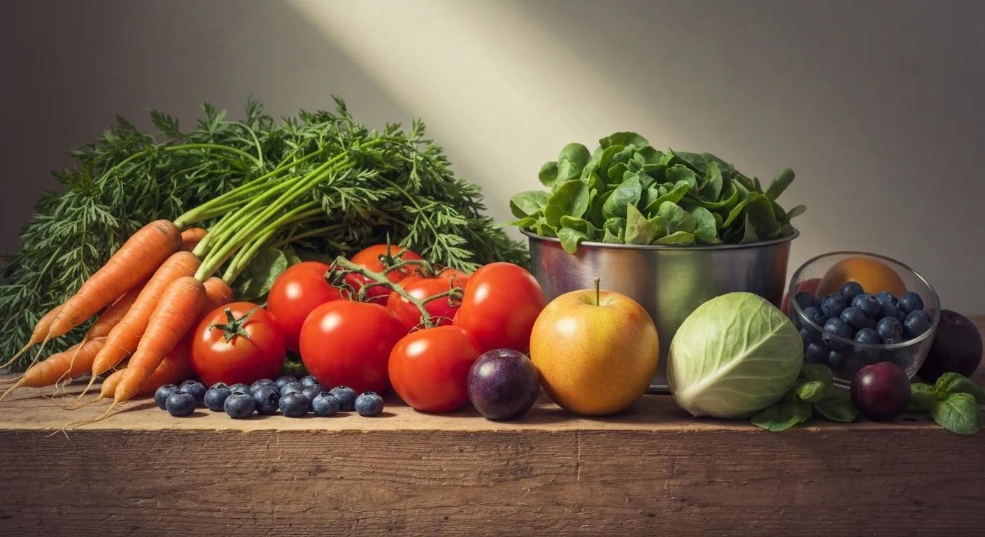 Close-up of vibrant fruits and vegetables rich in carotenoids, ideal for tanning gummies