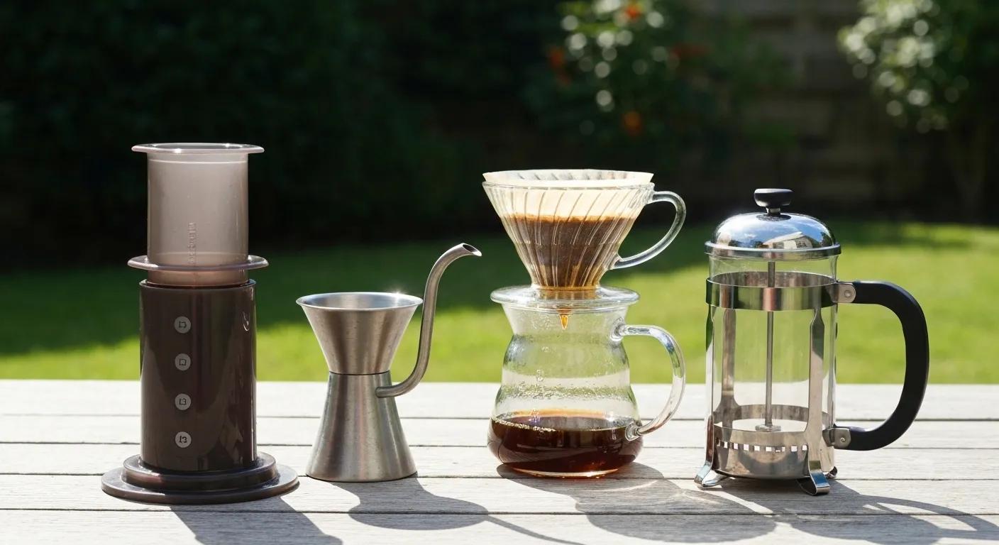 Various coffee brewing methods displayed outdoors: AeroPress, French Press, and pour-over setup