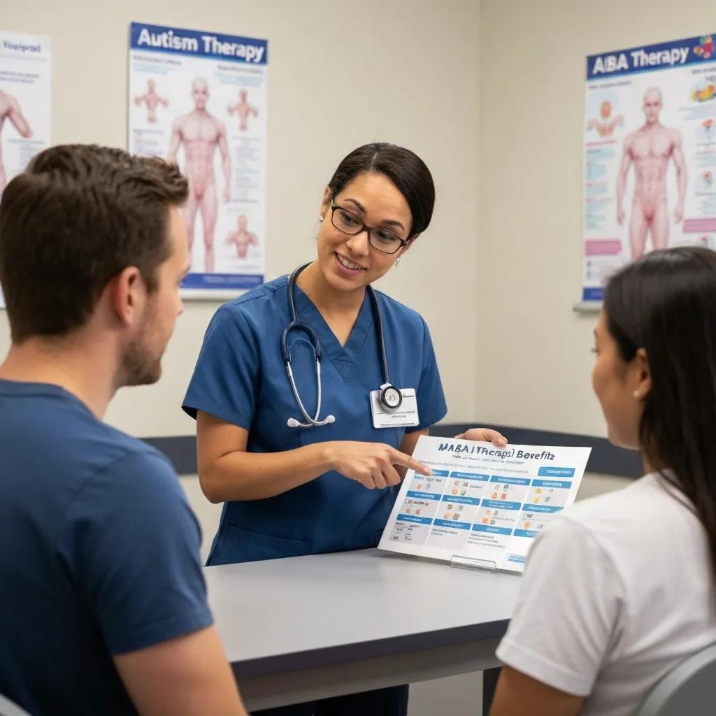 A healthcare professional explaining Medicaid coverage for ABA therapy to a family