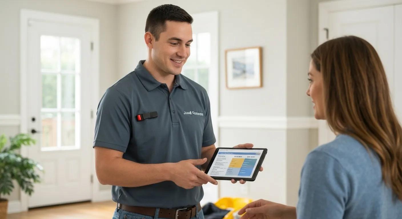 Friendly junk removal technician explaining pricing to a homeowner, emphasizing transparency and professionalism Friendly junk removal technician explaining pricing to a homeowner, emphasizing transparency and professionalism