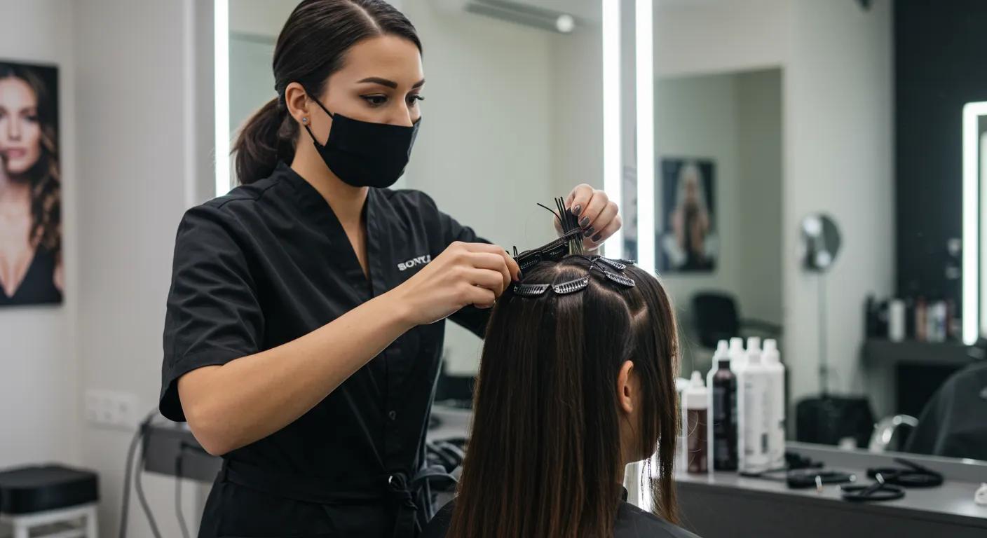 a stylist effortlessly installing clip-in hair extensions on a client