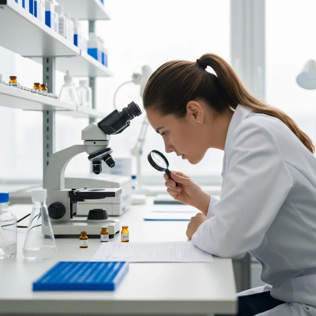 Researcher in a lab examining peptide vials, highlighting CJC 1295 Ipamorelin's scientific focus