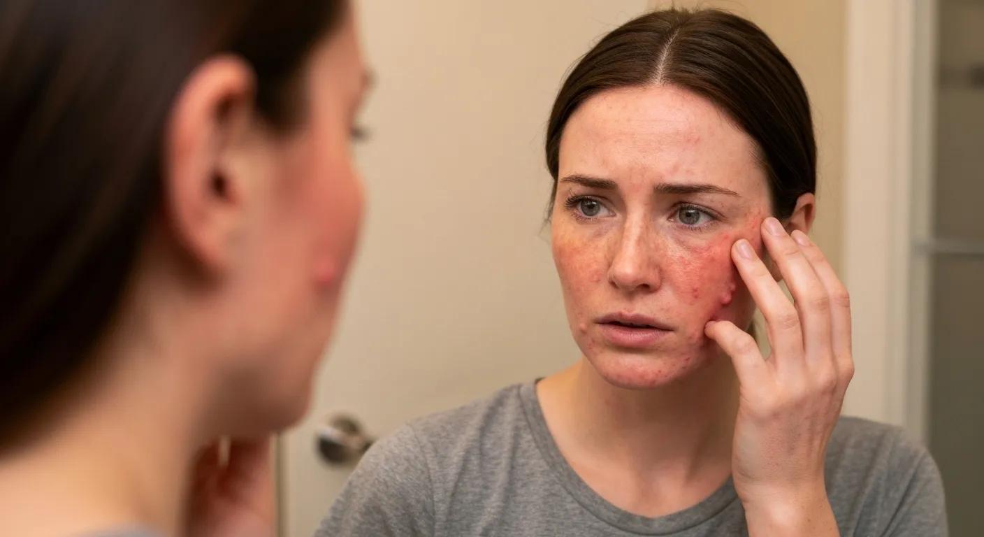 Client examining her irritated skin in a mirror after facial waxing, highlighting risks for sensitive skin