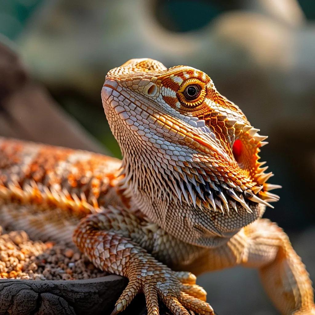 Bearded dragon basking under UVB light with calcium powder nearby, illustrating the importance of calcium and vitamin D3