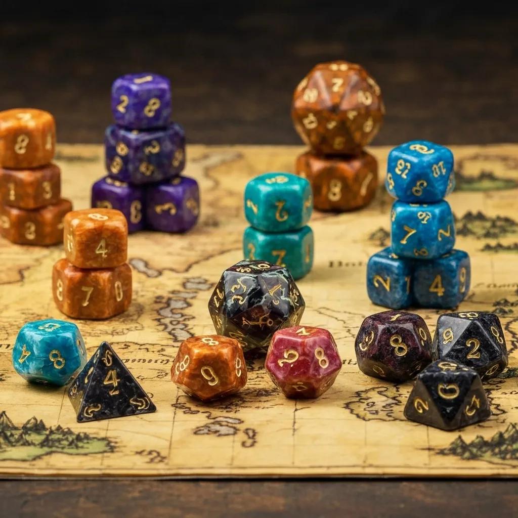 Stunning RPG dice sets featuring vibrant colors and intricate patterns, set against a backdrop of fantasy-themed imagery.