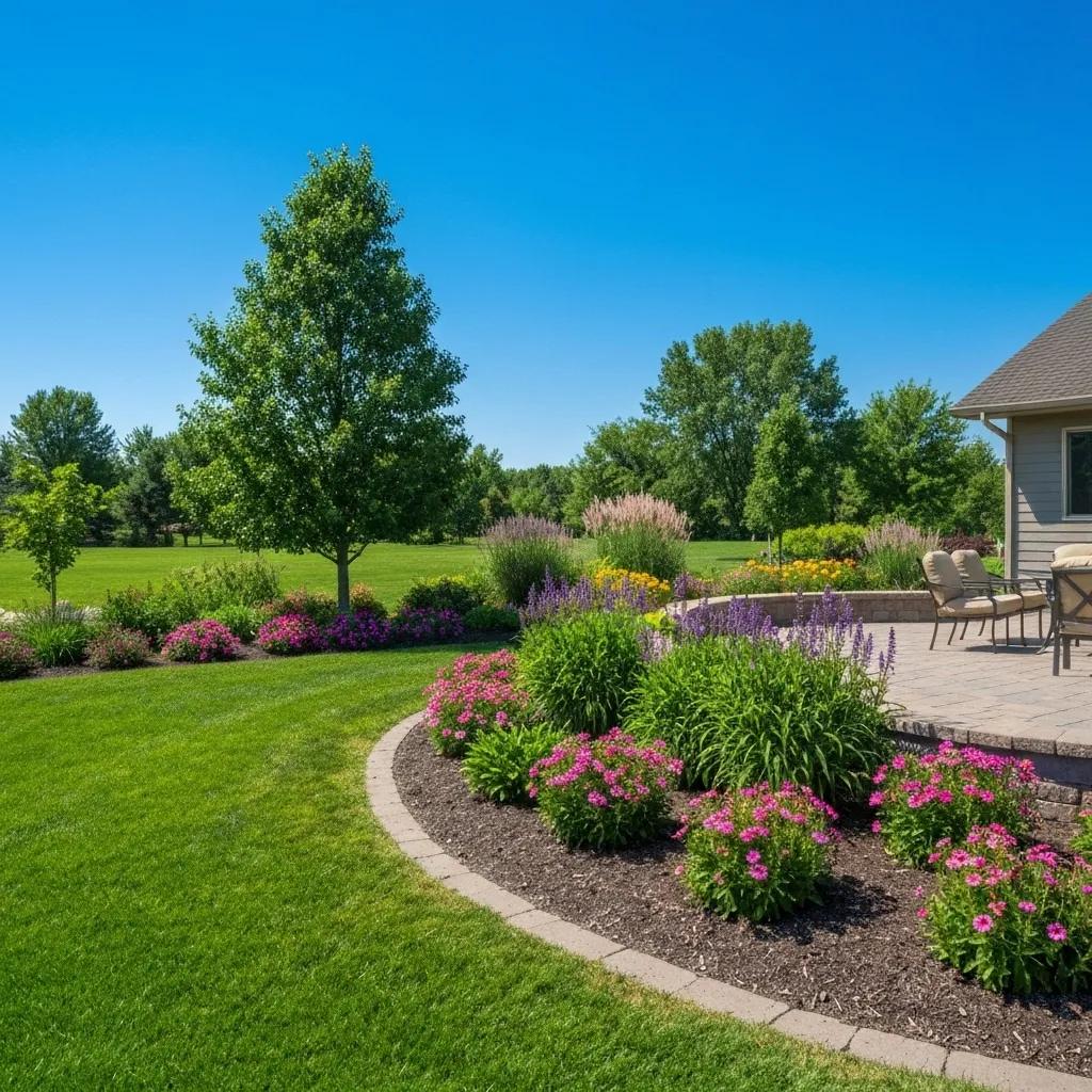 A beautifully designed landscape in Central Minnesota featuring vibrant flowers and a well-kept lawn A beautifully designed landscape in Central Minnesota featuring vibrant flowers and a well-kept lawn