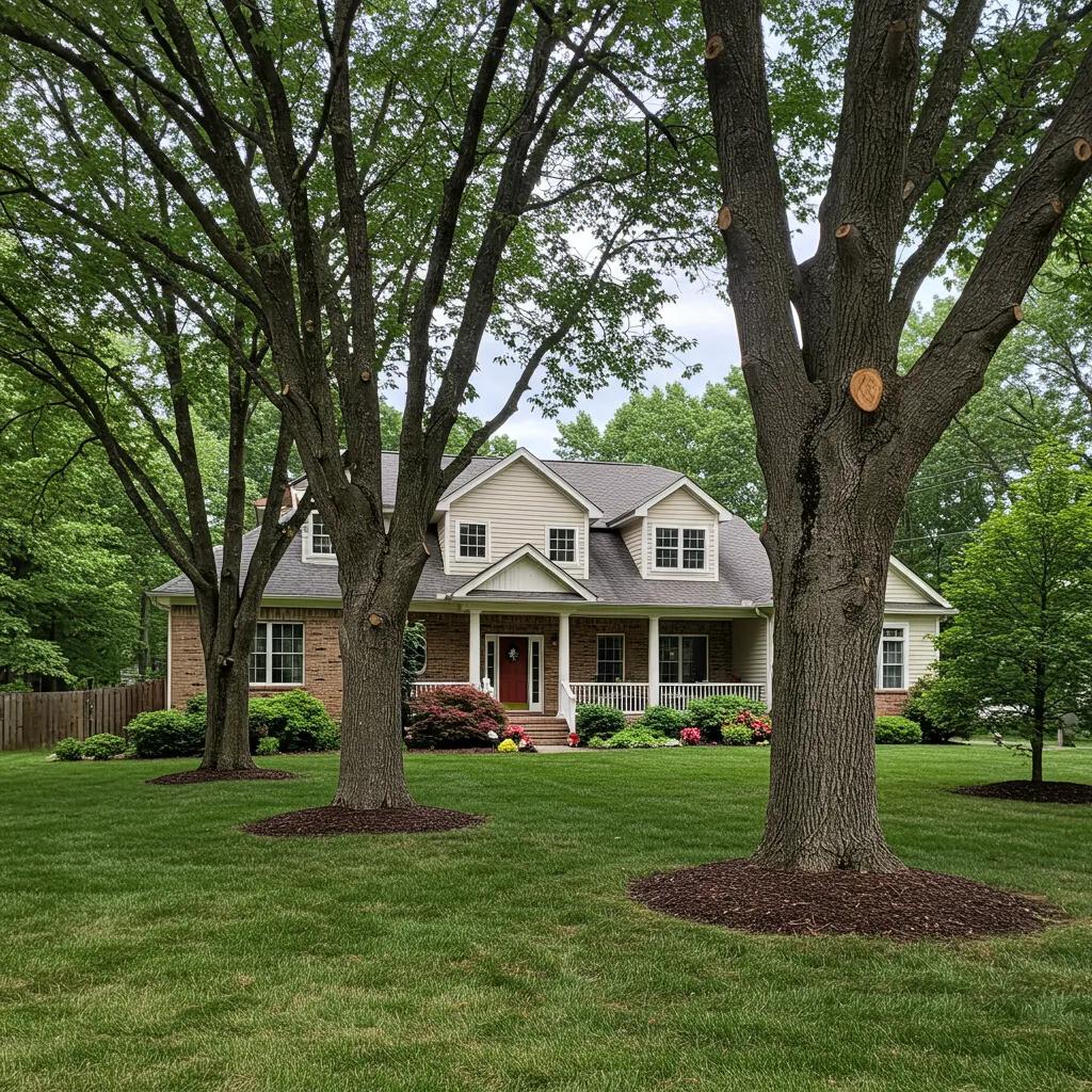 A beautifully landscaped yard featuring well-maintained, trimmed trees that enhance the property's visual appeal and overall value