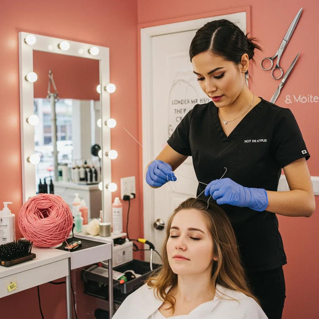 Beauty salon scene in NYC with an esthetician performing hair threading on a client, highlighting precision and care