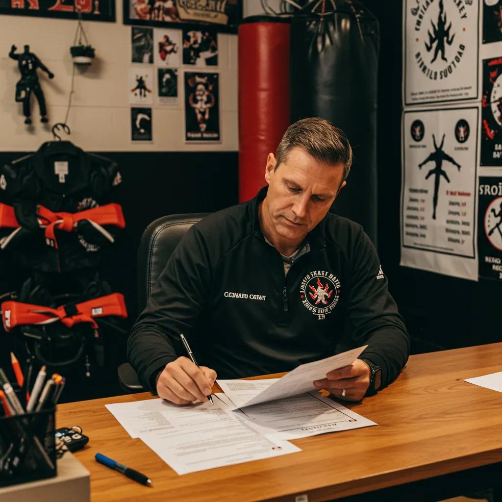 Martial arts school owner analyzing financial documents in a dojo office