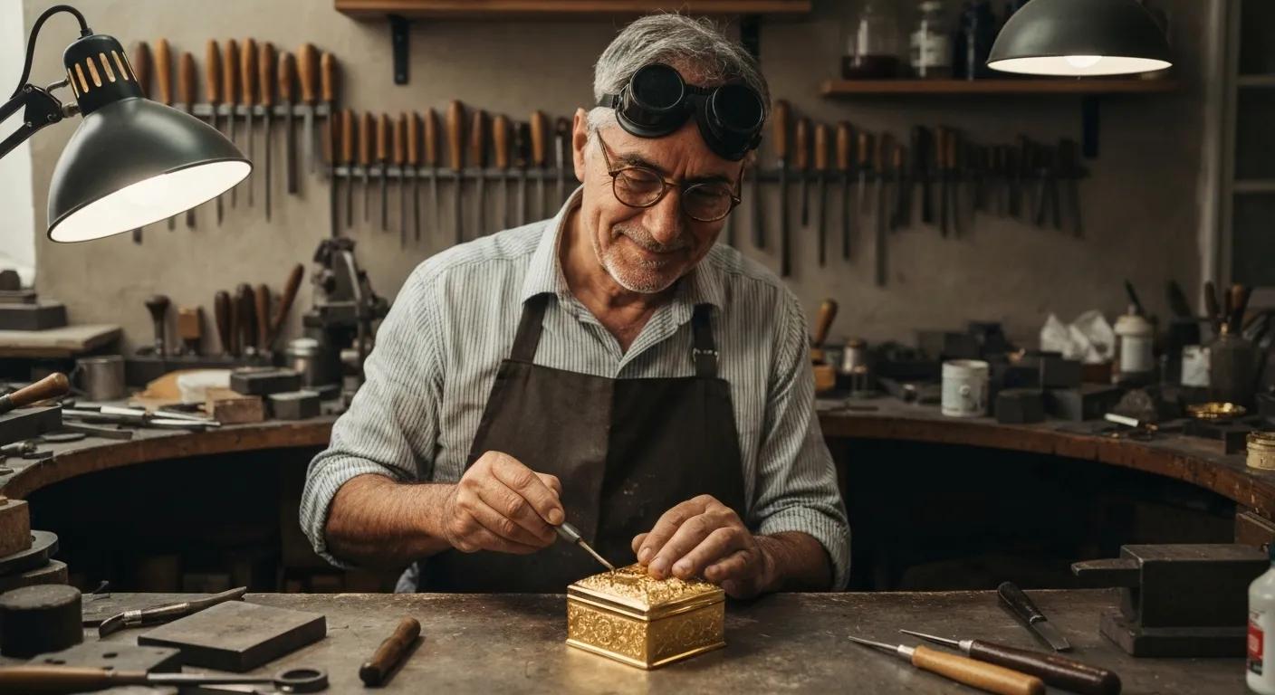 Master goldsmith meticulously hand-finishing a gold-plated item with precision tools