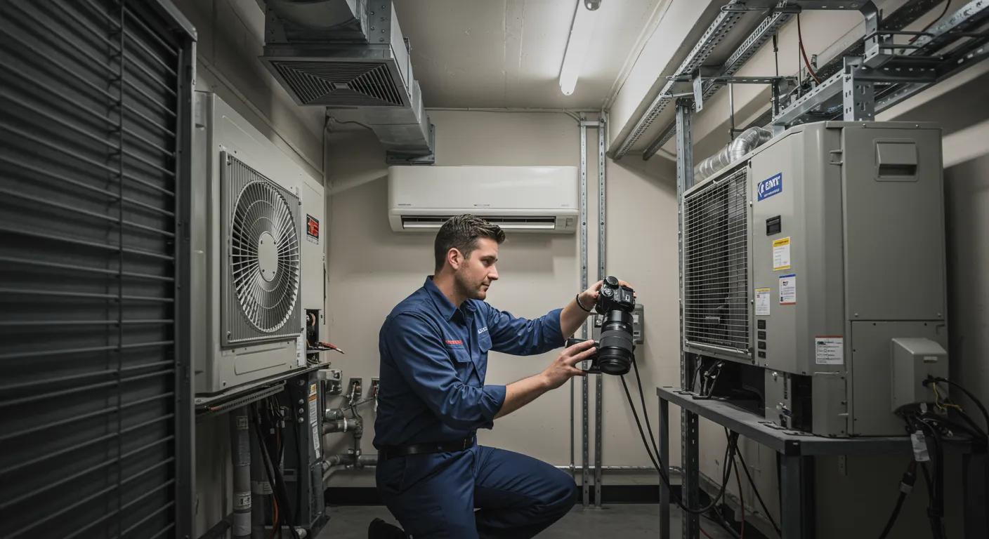 a clean, modern hvac repair office featuring a dedicated technician examining a state-of-the-art air conditioning unit, illuminated by bright overhead lighting, conveying professionalism and expertise in climate control solutions.