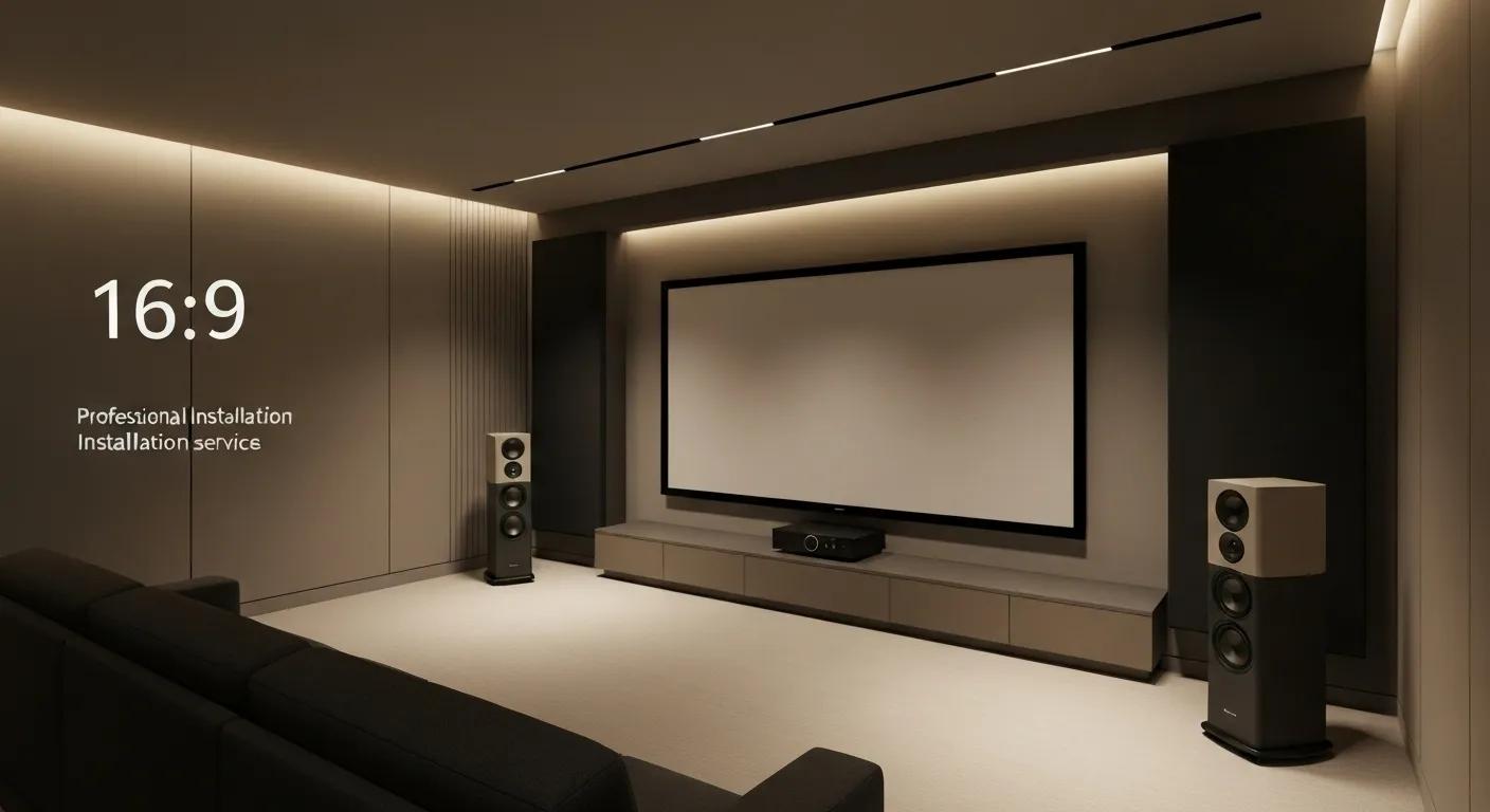 A sophisticated home theatre setup featuring a large display screen and immersive surround sound speakers, showcasing professional installation services