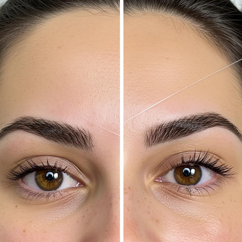 Striking before-and-after comparison of eyebrow threading results, demonstrating exceptional precision and a perfectly defined shape