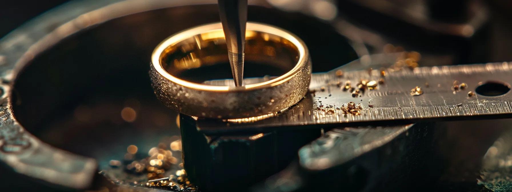 A gold ring being measured on a sizing tool, ensuring a precise and comfortable fit.