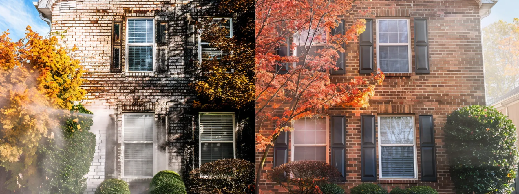 a brick home being power washed, revealing its vibrant color and removing years of built-up dirt and grime. a brick home being power washed, revealing its vibrant color and removing years of built-up dirt and grime.