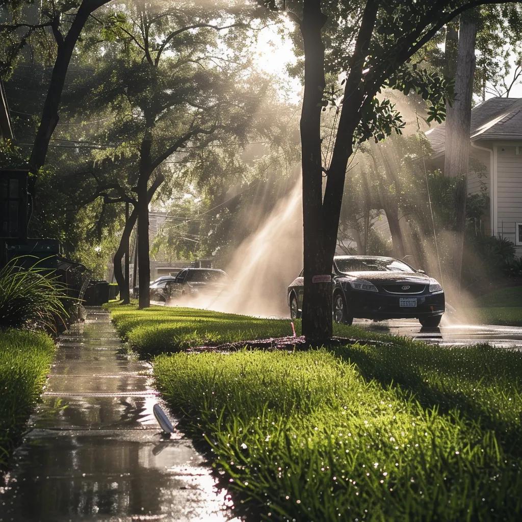 A car being washed in the early morning, benefiting from cooler temperatures and gentle sunlight A car being washed in the early morning, benefiting from cooler temperatures and gentle sunlight