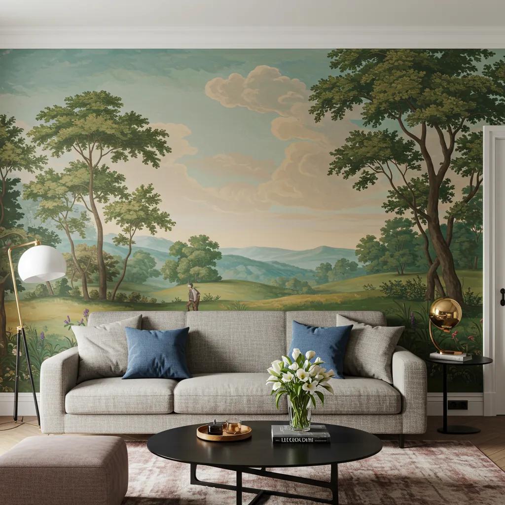Striking bespoke mural adorning a wall in a modern Fulham apartment, serving as a captivating focal point and enhancing the interior design