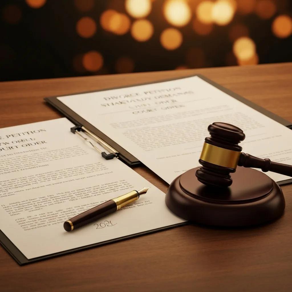 A selection of legal documents, including divorce petitions and court orders, laid out on a desk