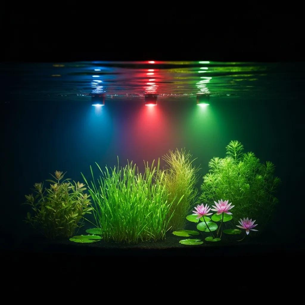 Illustration of light spectrum with aquatic plants, emphasizing the role of blue, red, and green wavelengths in plant growth