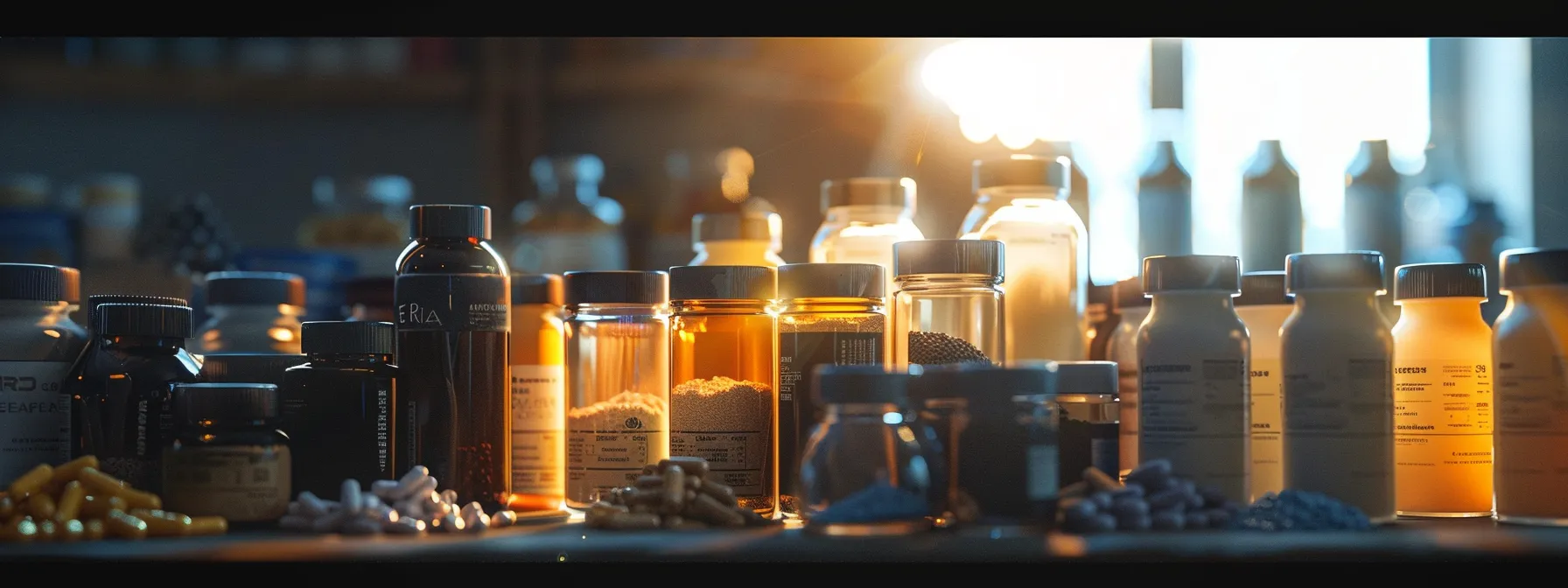 a table filled with jars of supplements and protein powders.